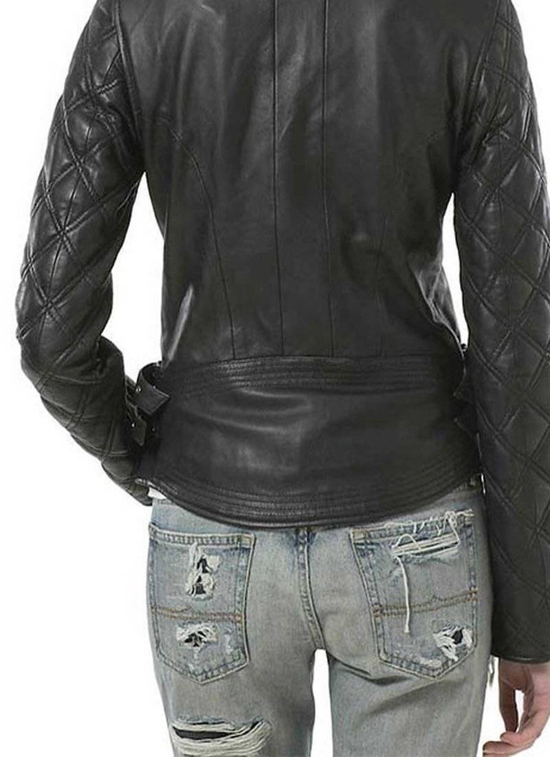 Women’s black stylish zip pockets leather jacket genuine lambskin western biker style