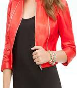 Women’s genuine red leather jacket motorcycle jacket zip front slim fit