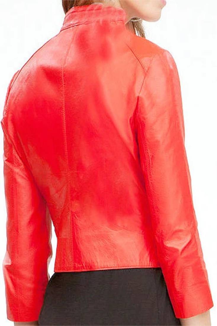 Women’s genuine red leather jacket motorcycle jacket zip front slim fit