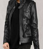 Womens genuine black leather jacket vintage slim fit moto biker 4pockets