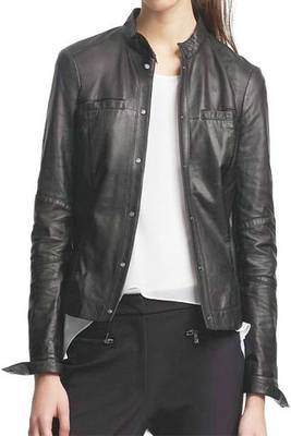 women's black lambskin leather bomber jacket ribbed cuffs and waist stylish 1
