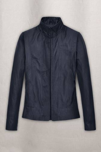 Women's deep blue café racer genuine leather jacket  slim fit button-up casual biker style