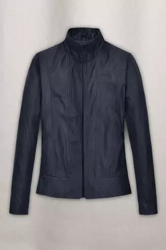 Women's deep blue café racer genuine leather jacket  slim fit button-up casual biker style