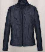 Women's deep blue café racer genuine leather jacket  slim fit button-up casual biker style