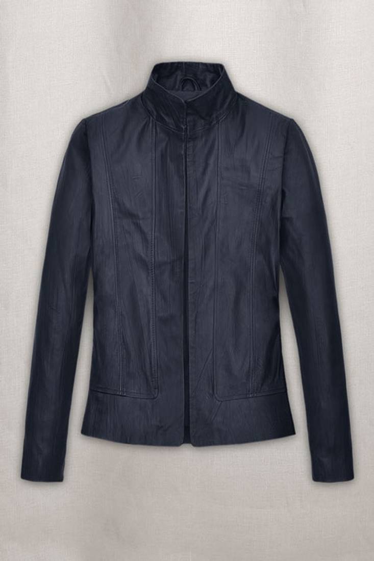 Women's deep blue café racer genuine leather jacket  slim fit button-up casual biker style