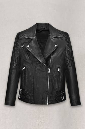 Women’s stylish black genuine leather jacket lambskin slim fit quilted finish biker style