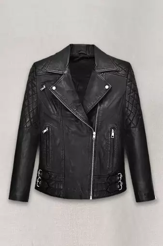 Women’s stylish black genuine leather jacket lambskin slim fit quilted finish biker style