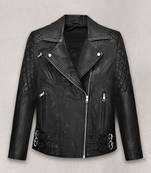 Women’s stylish black genuine leather jacket lambskin slim fit quilted finish biker style