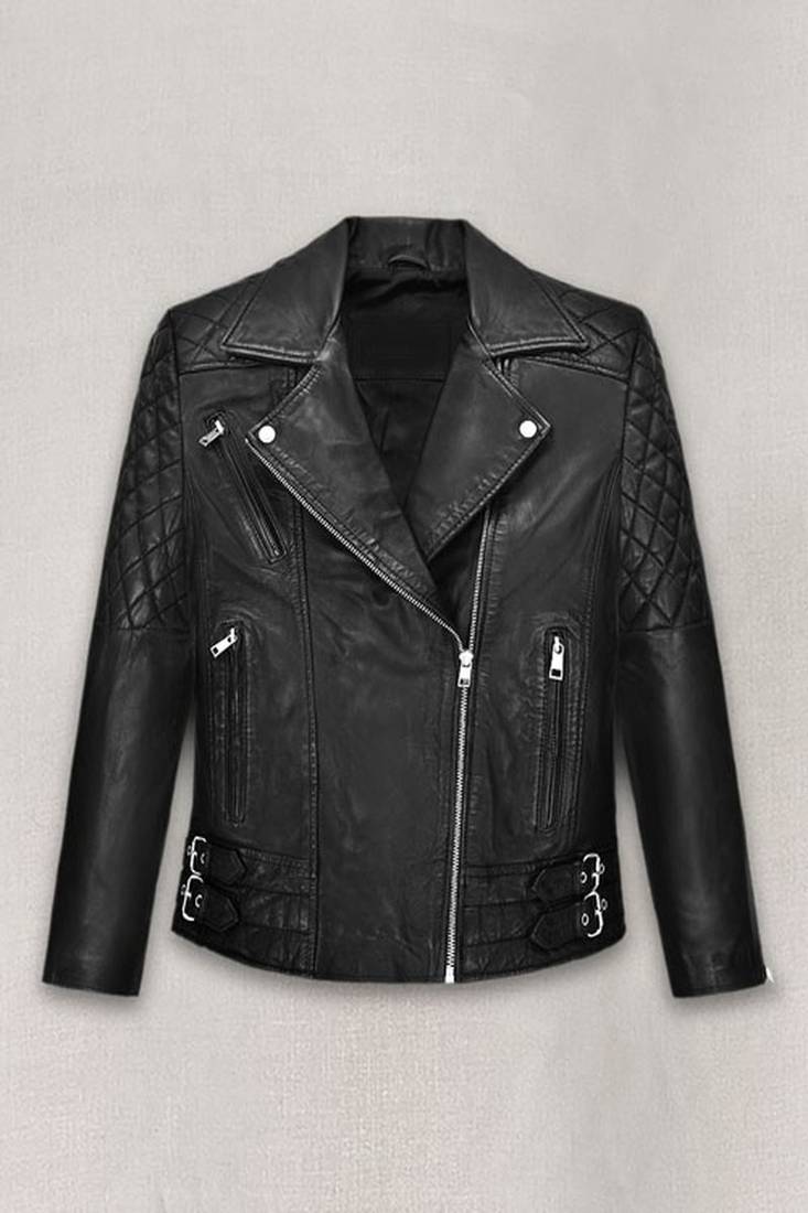Women’s stylish black genuine leather jacket lambskin slim fit quilted finish biker style