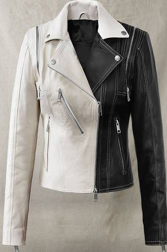 Women’s black & white classic poker face lambskin leather jacket biker motorcycle slim fit stylish