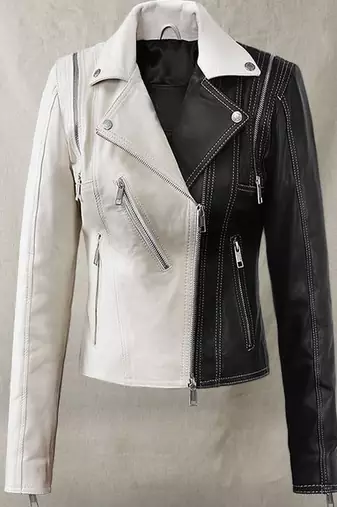 Women’s black & white classic poker face lambskin leather jacket biker motorcycle slim fit stylish