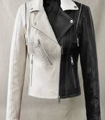 Women’s black & white classic poker face lambskin leather jacket biker motorcycle slim fit stylish