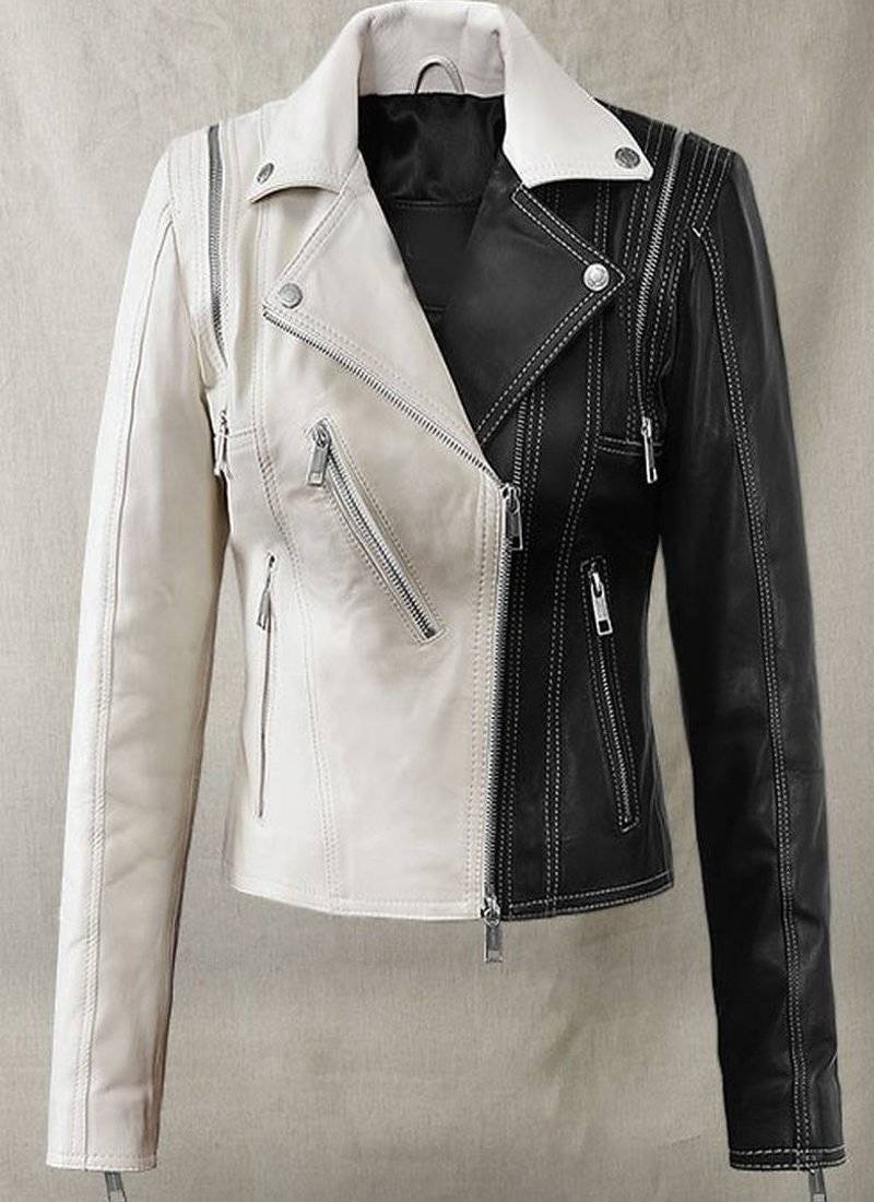Women’s black & white classic poker face lambskin leather jacket biker motorcycle slim fit stylish
