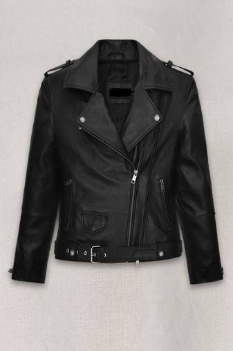 Women’s soft black genuine leather slim fit classic belt jacket lambskin