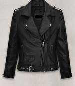 Women’s soft black genuine leather slim fit classic belt jacket lambskin