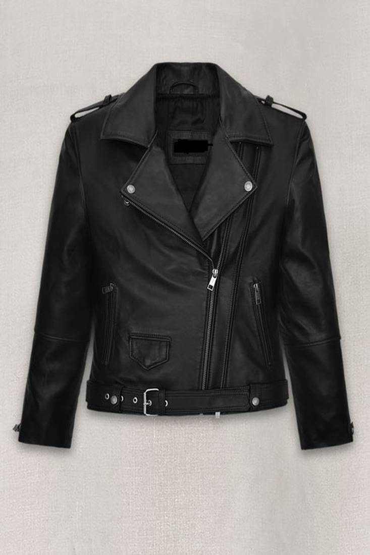 Women’s soft black genuine leather slim fit classic belt jacket lambskin