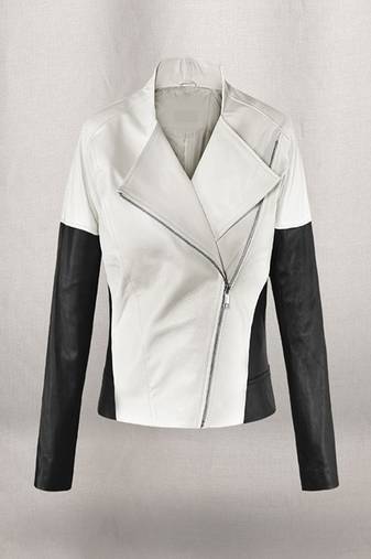 Women white black genuine leather jacket slim fit handmade stylish celebrity look