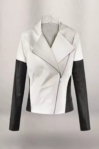 Women white black genuine leather jacket slim fit handmade stylish celebrity look