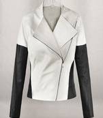 Women white black genuine leather jacket slim fit handmade stylish celebrity look
