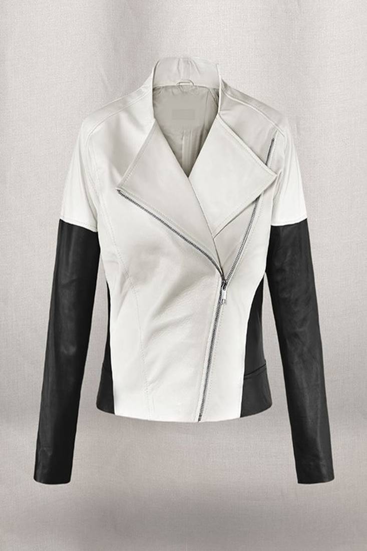 Women white black genuine leather jacket slim fit handmade stylish celebrity look