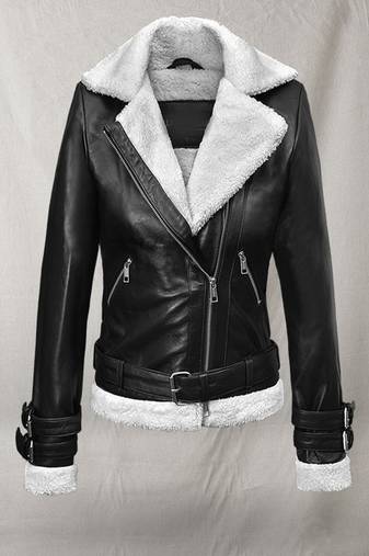 Women celebrity look white black genuine leather jacket slim fit handmade stylish