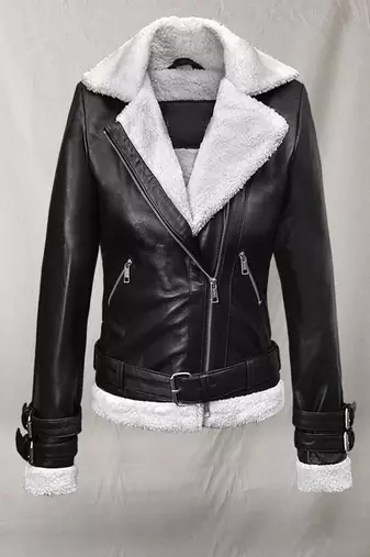 Women celebrity look white black genuine leather jacket slim fit handmade stylish
