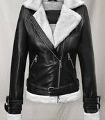 Women celebrity look white black genuine leather jacket slim fit handmade stylish