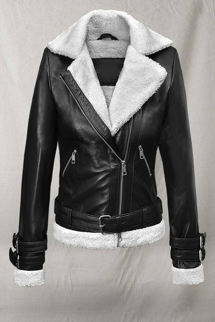 Women celebrity look white black genuine leather jacket slim fit handmade stylish