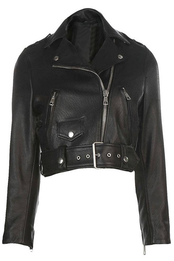 Women’s black color lambskin leather jacket front zipper style