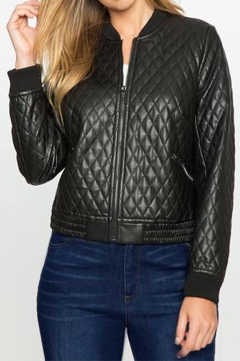 Women’s black color quilted  lambskin leather jacket front zip style rib cuff
