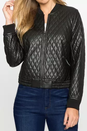 Women’s black color quilted  lambskin leather jacket front zip style rib cuff