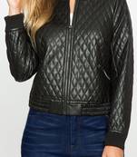 Women’s black color quilted  lambskin leather jacket front zip style rib cuff