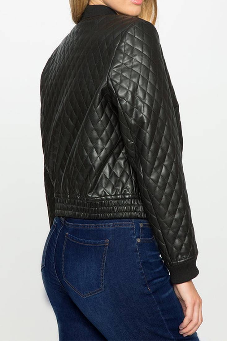 Women’s black color quilted  lambskin leather jacket front zip style rib cuff