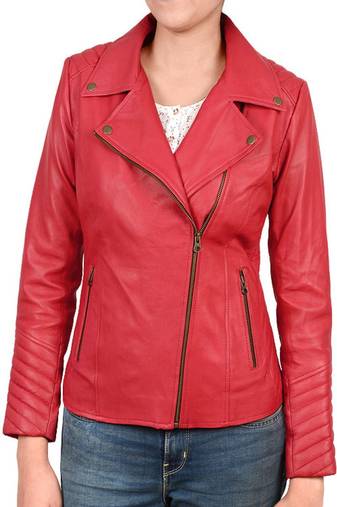 Women’s red style color lambskin leather jacket front zip style