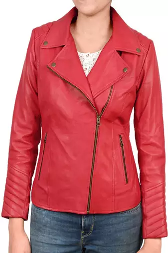 Women’s red style color lambskin leather jacket front zip style