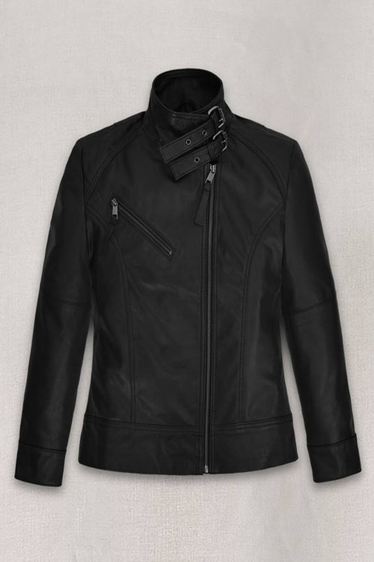Women celebrity look black soft genuine leather jacket slim fit handmade stylish