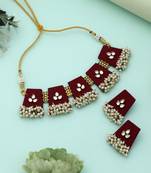 maroon metallic work alloy choker necklace set