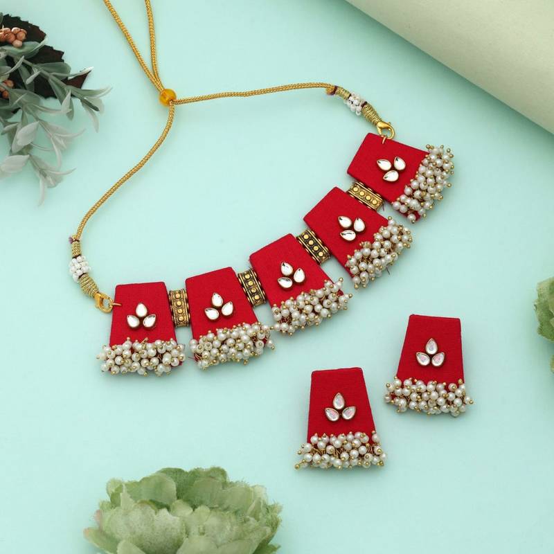 Red color choker handcraft necklace set