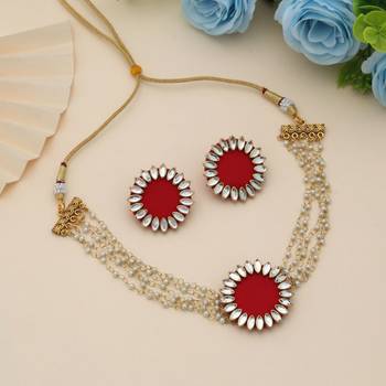 red color metallic work alloy choker necklace set 1