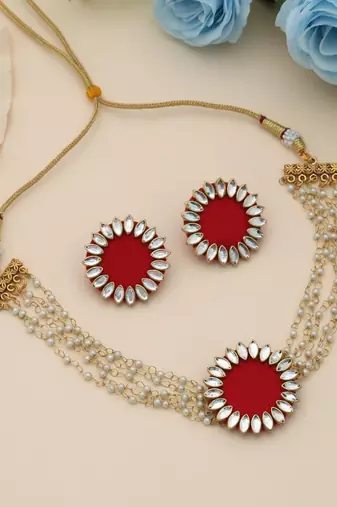 Red color choker handcraft necklace set
