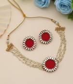 red color metallic work alloy choker necklace set