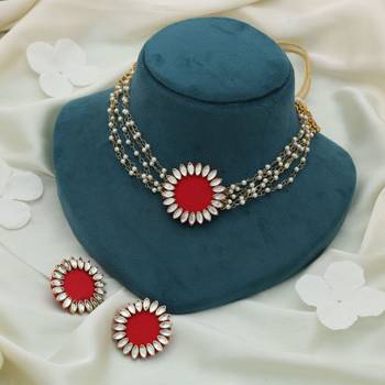 red color metallic work alloy choker necklace set 2