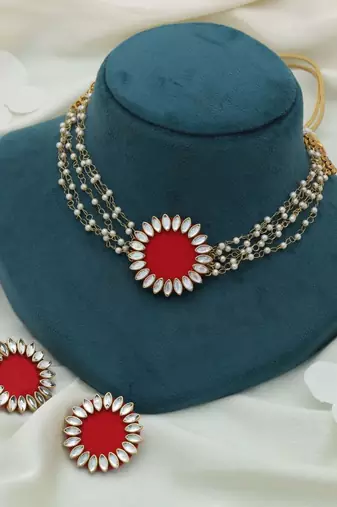 red color metallic work alloy choker necklace set