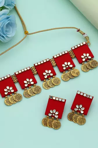 Red color choker handcraft necklace set