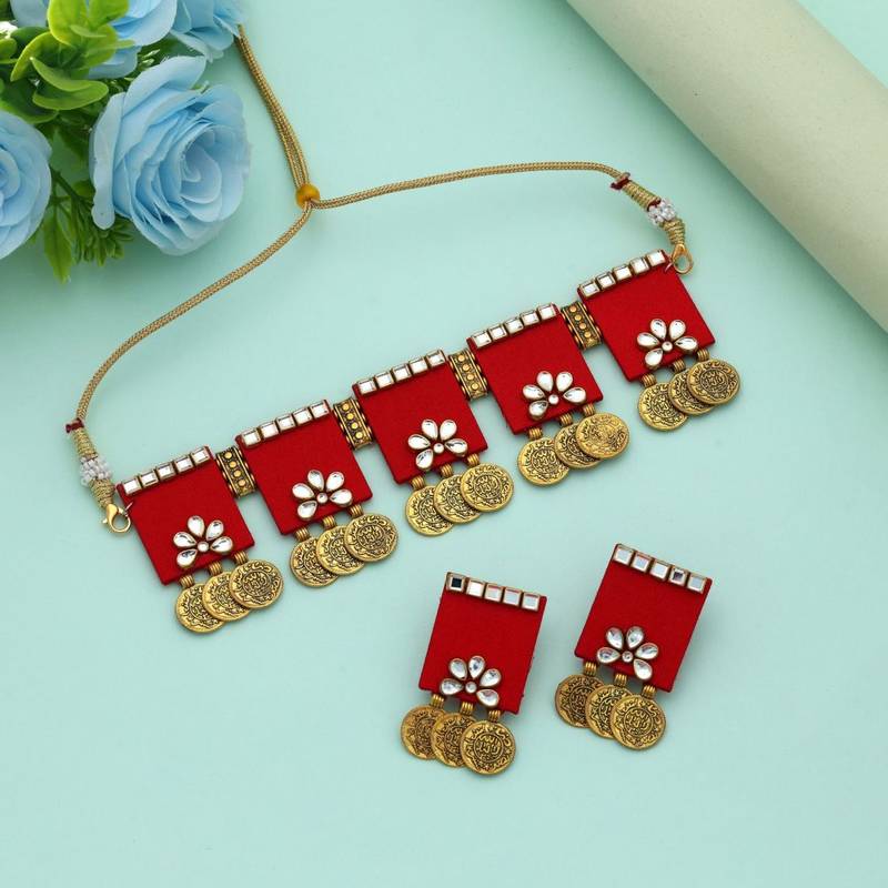 Red color choker handcraft necklace set