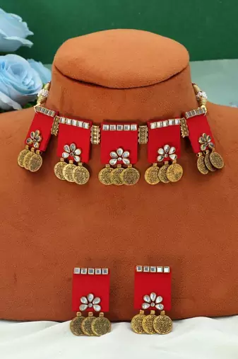 red glass stone alloy choker necklace set