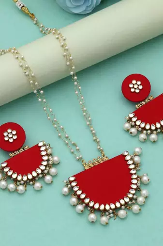 red glass stone beaded alloy necklace set