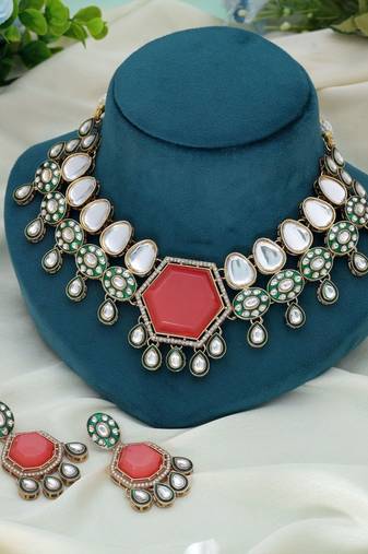 Orange color kundan necklace set