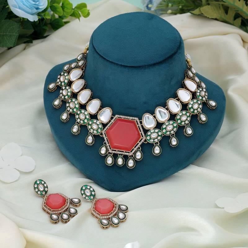 Orange color kundan necklace set