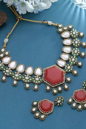 orange kundan work alloy necklace set